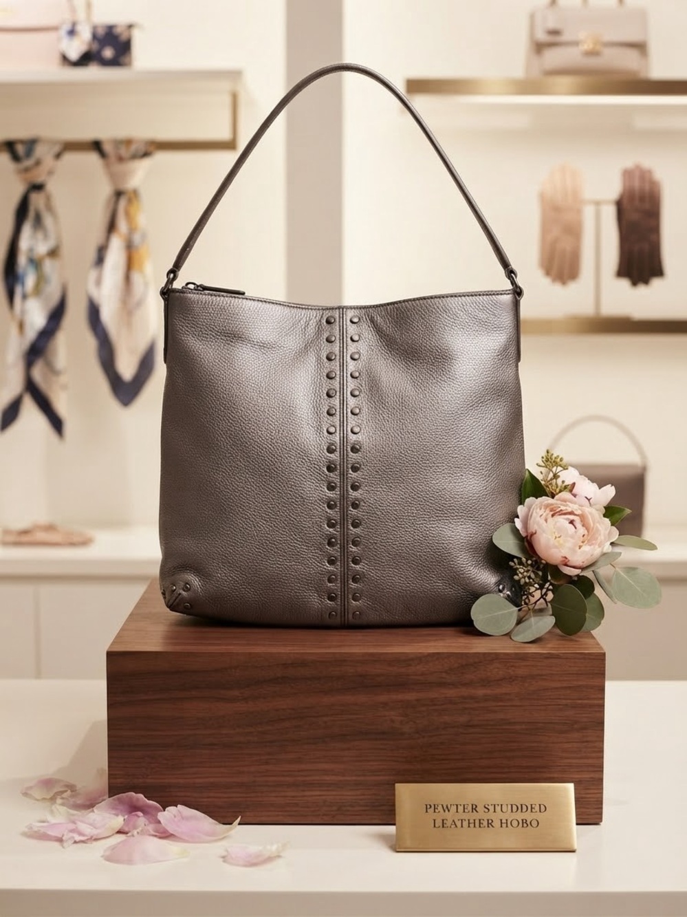 Michael Kora Studded Pewter Leather Hobo Bag - Women's Shoulder Bag